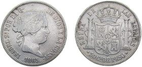 Philippines Spanish colony 1865 50 Centimos - Isabella II Silver (.900) Manila mint 12.98g VF KM147