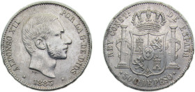 Philippines Spanish colony 1885 50 Centimos - Alfonso XII Silver (.835) Manila mint 12.98g AU KM150
