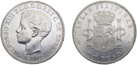 Philippines Spanish colony 1897 1 Peso - Alfonso XIII Silver (.900) 25g AU KM154