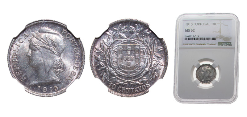 Portugal First Republic 1915 10 Centavos Silver (.835) 2.5g NGC MS62 KM563