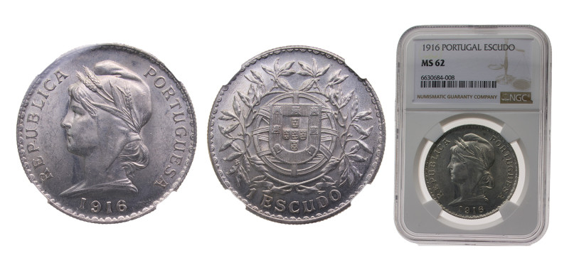 Portugal First Republic 1916 1 Escudo Silver (.835) 25g NGC MS62 KM564