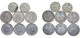 Serbia Kingdom 1904-1915 1 Dinar, 2 Dinara - Petar I, 8 Lots Silver (.835) XF