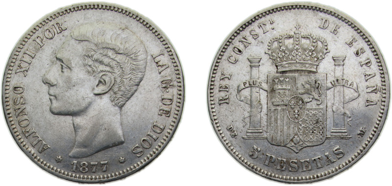 Spain Kingdom 1877 *18-77 DEM 5 Pesetas - Alfonso XII (2nd portrait) Silver (.90...