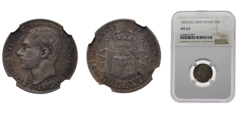 Spain Kingdom 1885MS-M 50 Centimos - Alfonso XII Silver (.835) Madrid mint 12.98...