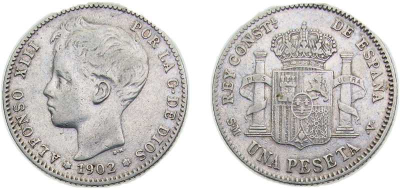 Spain Kingdom 1902 *19-02 SMV 1 Peseta - Alfonso XIII (3rd portrait) Silver (.83...