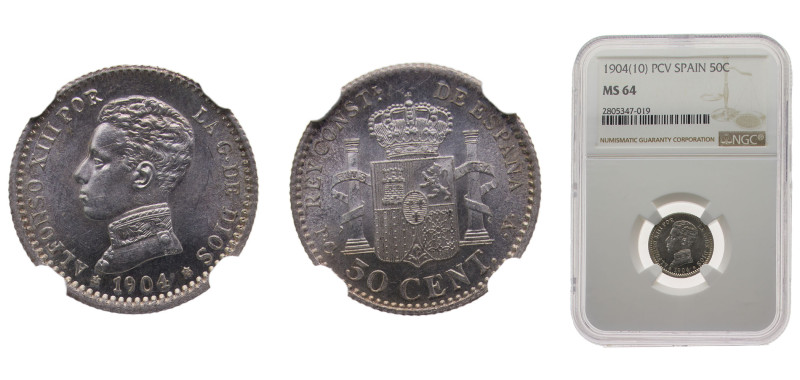 Spain Kingdom 1904PCV 50 Centimos - Alfonso XIII (4th portrait) Silver (.835) Ma...