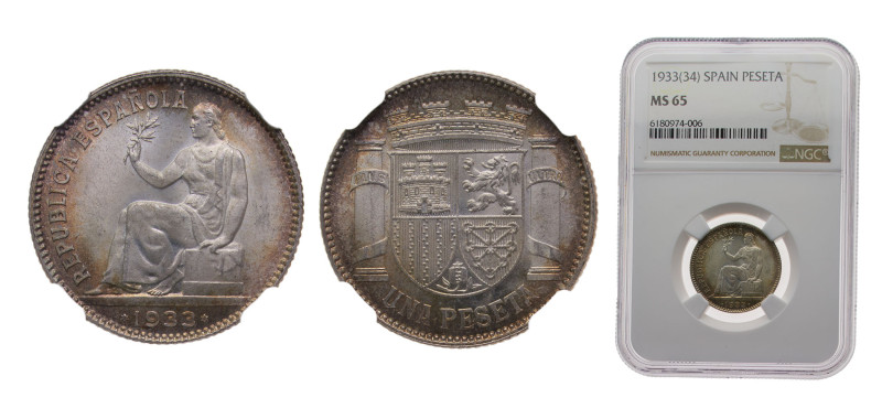 Spain Second Republic 1933 1 Peseta Silver (.835) Madrid mint 5g NGC MS65 KM750 ...