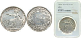 Switzerland Federal State 1850A 5 Francs (Helvetia seated) Silver (.900) (10% copper) Paris mint 25g NGC MS61 HMZ 21197 Divo/Tob19295 KM11 Schön23 Y29...