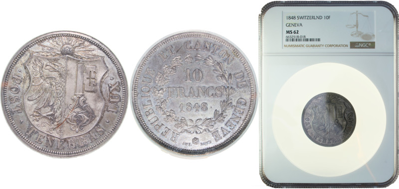 Switzerland Canton of Geneva Swiss cantons 1848 10 Francs Silver 52.2g NGC MS62 ...