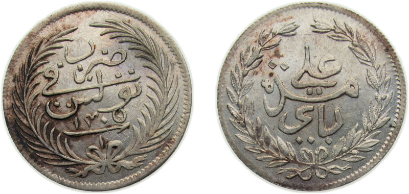 Tunisia French Protectorate AH1305 (1888) 1 Rial - Bey Ali III Silver 3.1g AU KM...