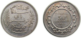 Tunisia French Protectorate AH1334A (1916) 50 Centimes - Bey Muhammad V Silver (.835) Paris mint 2.5g UNC KM237