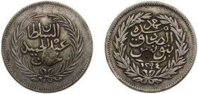Tunisia Ottoman Empire AH1294 (1878) 2 Rial - Sultan Abdulhamid II & Bey Muhammad III (without "Al-Ghazi"; Countermarked) Silver 5.8g VF KM185