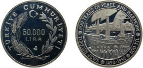 Turkey Republic 1992 50 000 Lira (Turkish Jews) Silver (.925) 23.33g PF KM1016