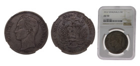 Venezuela United States 1912 5 Bolívares Silver (.900) (Copper .100) 25g NGC AU50 Y24 KM24