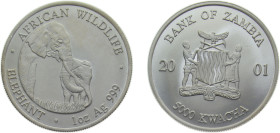 Zambia Republic 2001 5000 Kwacha (Elephant; Bullion Coinage) Silver (.999) 31.3g BU KM117