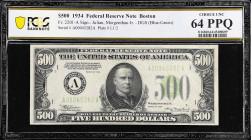 Fr. 2201-A. 1934 $500 Dark Green Seal Federal Reserve Note. Boston. PCGS Banknote Choice Uncirculated 64 PPQ.

Estimate: $5000.00- $6000.00