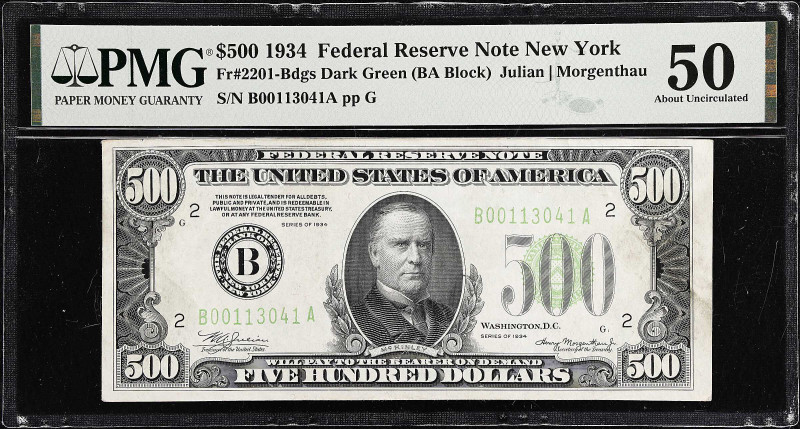 Fr. 2201-Bdgs. 1934 Dark Green Seal $500 Federal Reserve Note. New York. PMG Abo...