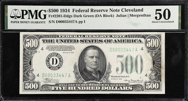 Fr. 2201-Ddgs. 1934 Dark Green Seal $500 Federal Reserve Note. Cleveland. PMG Ab...