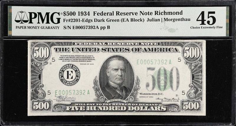 Fr. 2201-Edgs. 1934 Dark Green Seal $500 Federal Reserve Note. Richmond. PMG Cho...