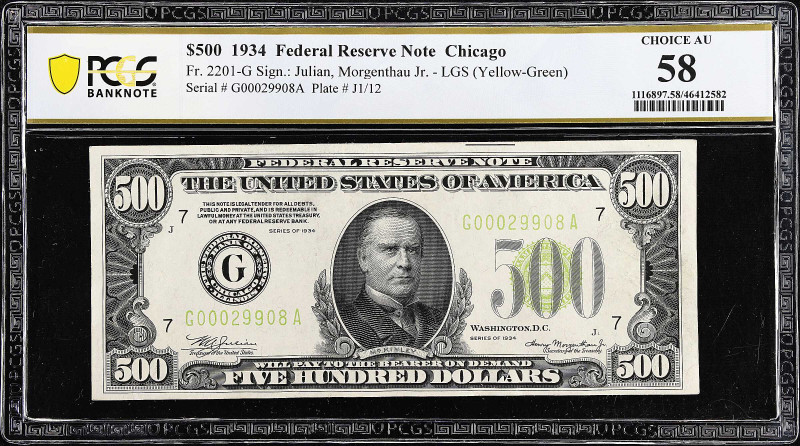 Fr. 2201-G. 1934 Light Green Seal $500 Federal Reserve Note. Chicago. PCGS Bankn...
