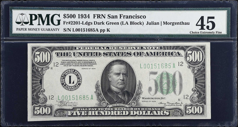 Fr. 2201-Ldgs. 1934 Dark Green Seal $500 Federal Reserve Note. San Francisco. PM...