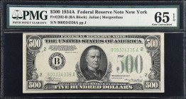 Fr. 2202-B. 1934A $500 Federal Reserve Note. New York. PMG Gem Uncirculated 65 EPQ.
Gem high denominations are coveted by every small size collector,...