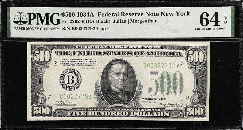 Fr. 2202-B. 1934A $500 Federal Reserve Note. New York. PMG Choice Uncirculated 6...