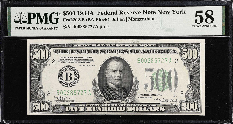 Fr. 2202-B. 1934A $500 Federal Reserve Note. New York. PMG Choice About Uncircul...