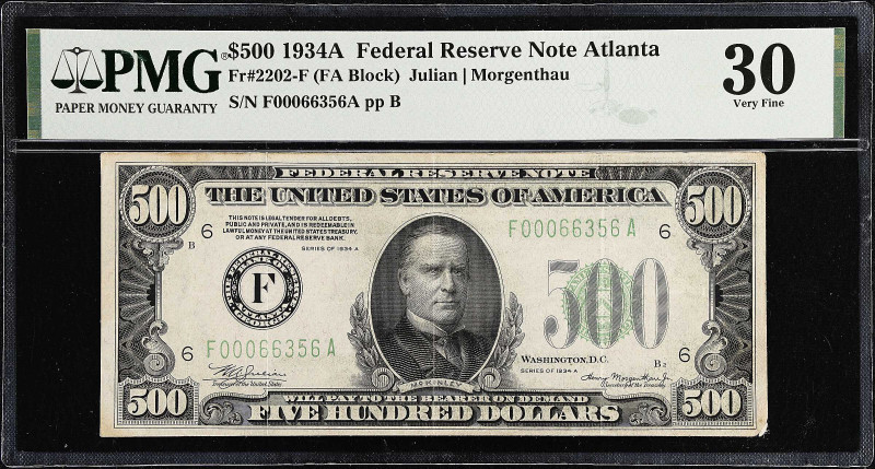 Fr. 2202-F. 1934A $500 Federal Reserve Note. Atlanta. PMG Very Fine 30.

Estim...