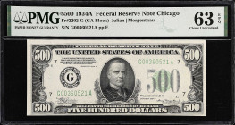 Fr. 2202-G. 1934A $500 Federal Reserve Note. Chicago. PMG Choice Uncirculated 63 EPQ.

Estimate: $4600.00- $5200.00
