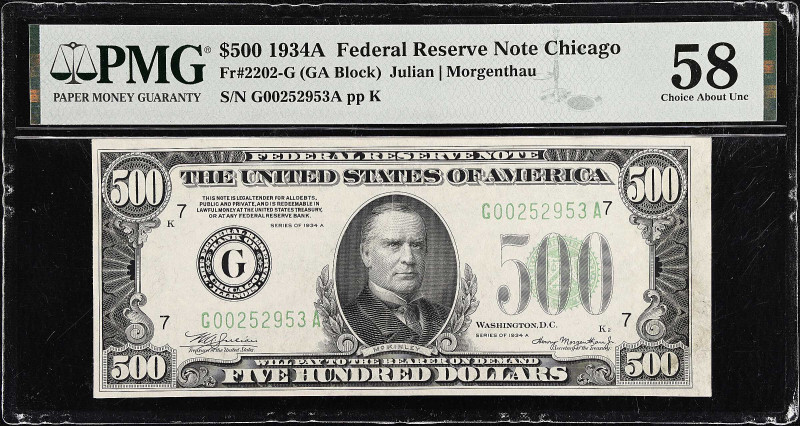 Fr. 2202-G. 1934A $500 Federal Reserve Note. Chicago. PMG Choice About Uncircula...