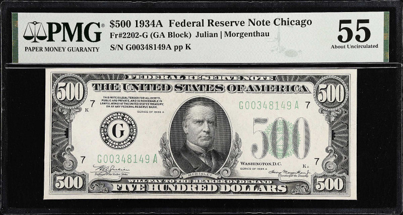 Fr. 2202-G. 1934A $500 Federal Reserve Note. Chicago. PMG About Uncirculated 55....