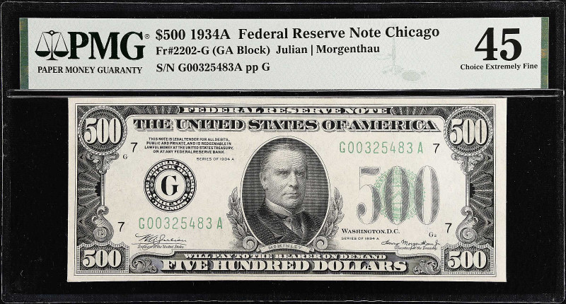Fr. 2202-G. 1934A $500 Federal Reserve Note. Chicago. PMG Choice Extremely Fine ...