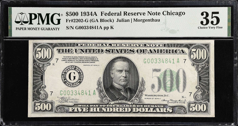 Fr. 2202-G. 1934A $500 Federal Reserve Note. Chicago. PMG Choice Very Fine 35.
...