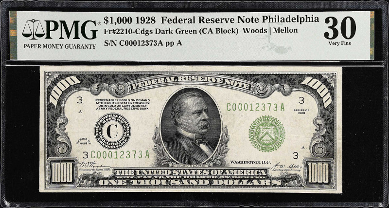 Fr. 2210-Cdgs. 1934 Dark Green Seal $1000 Federal Reserve Note. Philadelphia. PM...