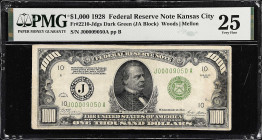 Fr. 2210-Jdgs. 1928 Dark Green Seal $1000 Federal Reserve Note. Kansas City. PMG Very Fine 25.

Estimate: $3500.00- $4500.00