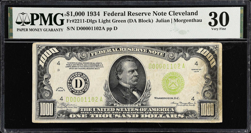 Fr. 2211-Dlgs. 1934 Light Green Seal $1000 Federal Reserve Note. Cleveland. PMG ...