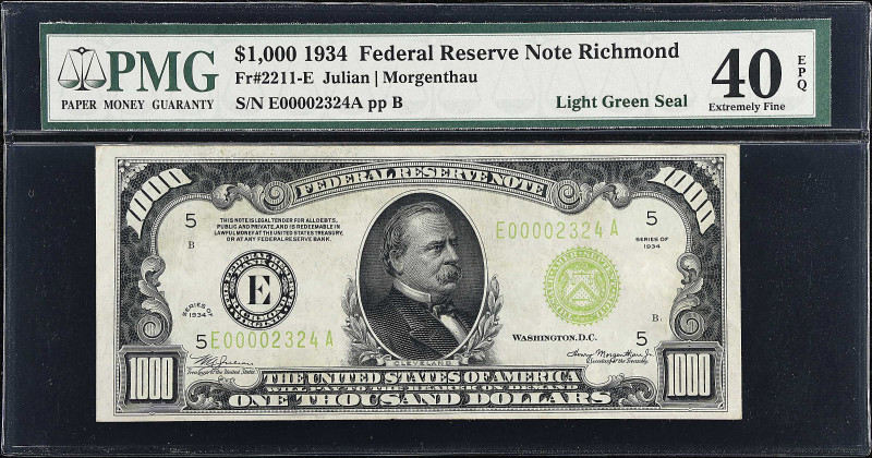 Fr. 2211-E. 1934 Light Green Seal $1000 Federal Reserve Note. Richmond. PMG Extr...