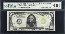 Fr. 2211-E. 1934 Light Green Seal $1000 Federal Reserve Note. Richmond. PMG Extremely Fine 40 EPQ.

Estimate: $4000.00- $4800.00