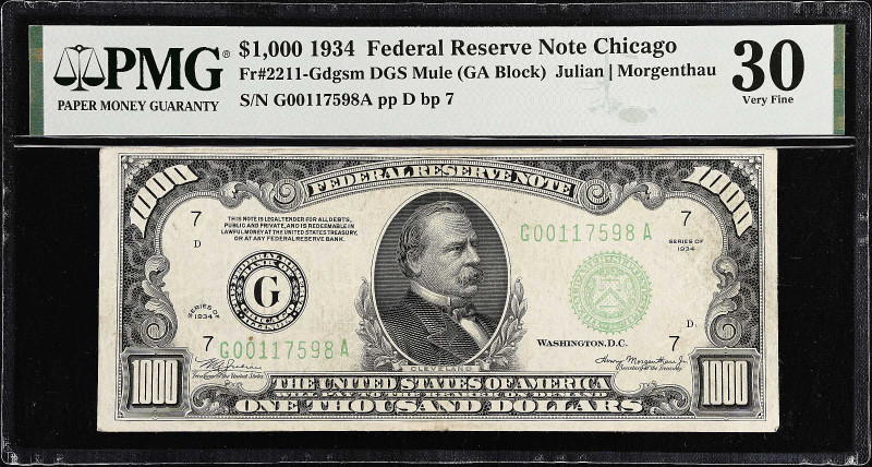Fr. 2211-Gdgsm. 1934 Dark Green Seal $1000 Federal Reserve Mule Note. Chicago. P...