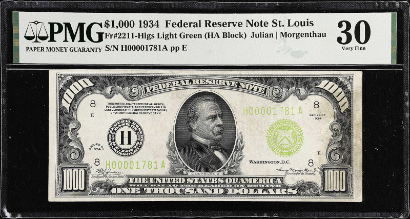 Fr. 2211-Hlgs. 1934 Light Green Seal $1000 Federal Reserve Note. St. Louis. PMG ...