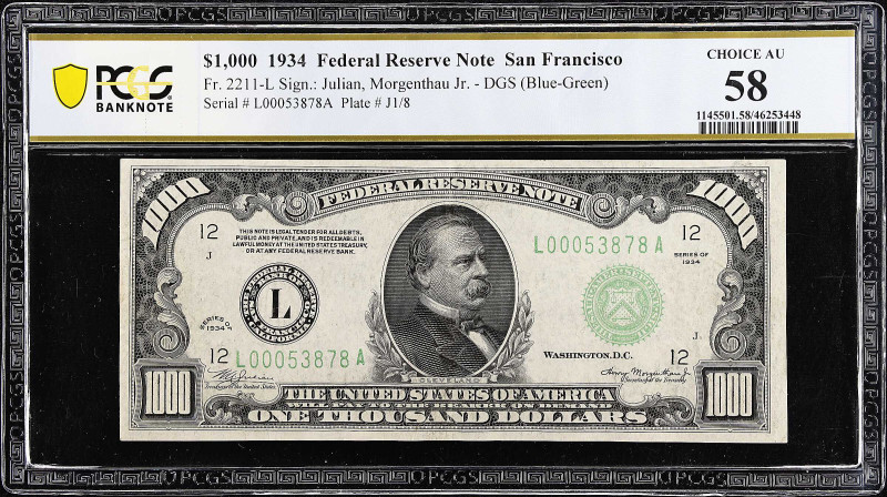 Fr. 2211-L. 1934 Dark Green Seal $1000 Federal Reserve Note. San Francisco. PCGS...