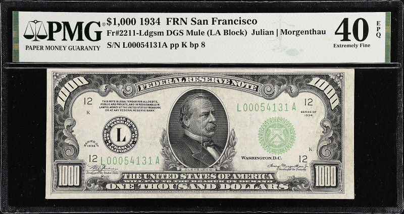 Fr. 2211-Ldgsm. 1934 Dark Green Seal $1000 Federal Reserve Mule Note. San Franci...