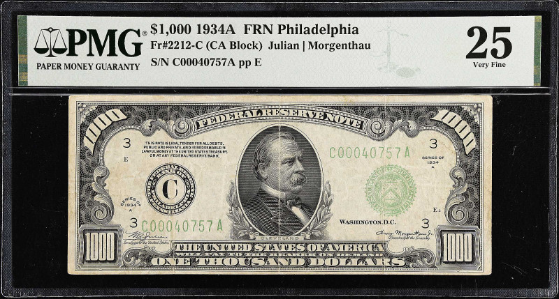 Fr. 2212-C. 1934A $1000 Federal Reserve Note. Philadelphia. PMG Very Fine 25.
...