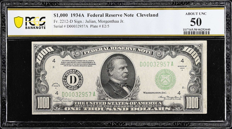 Fr. 2212-D. 1934A $1000 Federal Reserve Note. Cleveland. PCGS Banknote About Unc...