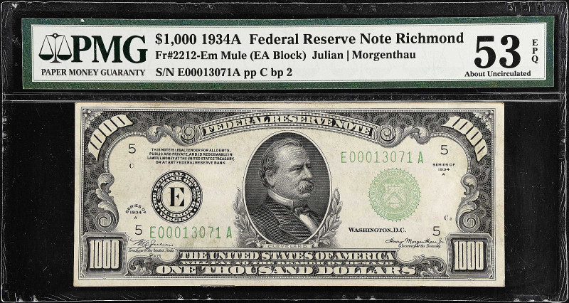 Fr. 2212-Em. 1934A $1000 Federal Reserve Mule Note. Richmond. PMG About Uncircul...