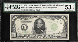 Fr. 2212-Em. 1934A $1000 Federal Reserve Mule Note. Richmond. PMG About Uncirculated 53 EPQ.

Estimate: $5000.00- $6000.00