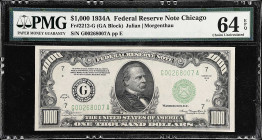 Fr. 2212-G. 1934A $1000 Federal Reserve Note. Chicago. PMG Choice Uncirculated 64 EPQ.
An impressive Choice Uncirculated offering of this 1934A Windy...