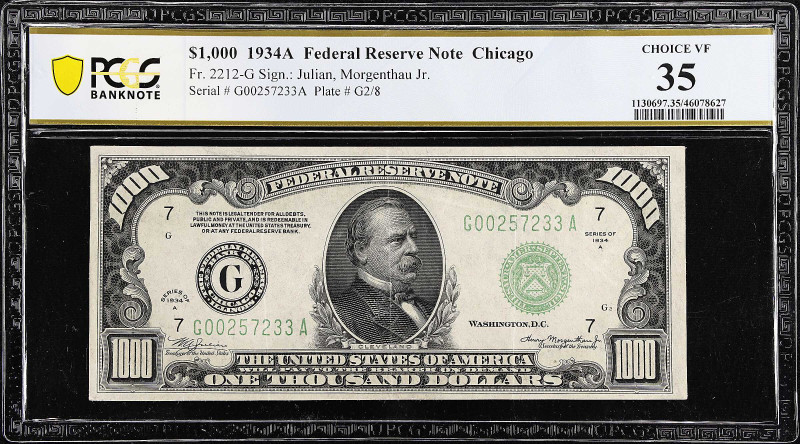Fr. 2212-G. 1934A $1000 Federal Reserve Note. Chicago. PCGS Banknote Choice Very...