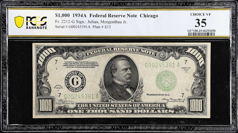 Fr. 2212-G. 1934A $1000 Federal Reserve Note. Chicago. PCGS Banknote Choice Very...